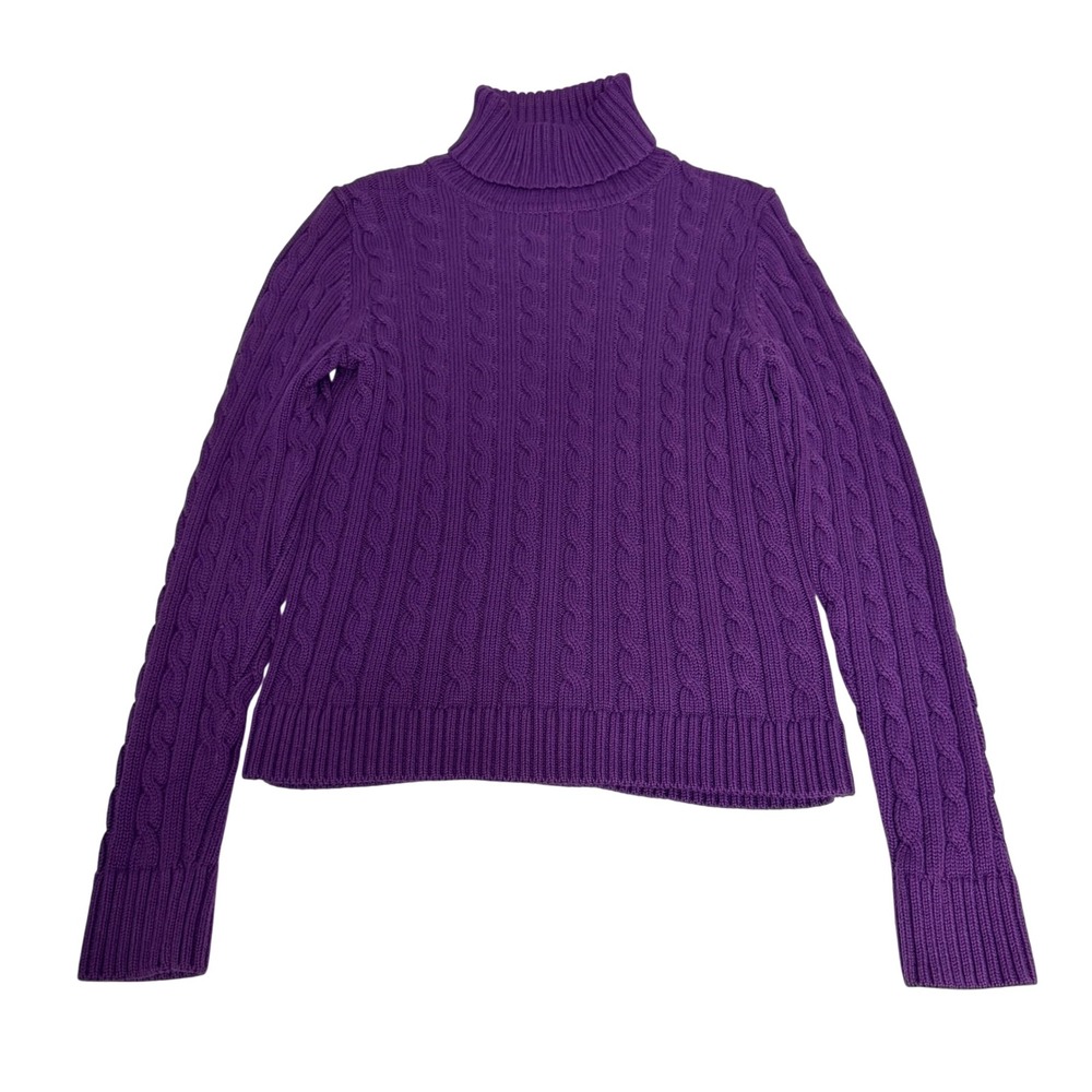 LL Bean Womens Purple 100% Cotton Cable Knit Turtleneck Sweater XS Preppy Warm